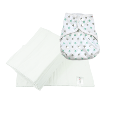 Size 2 Cover - Mint Star with 6pk White Muslin Prefolds Size 3